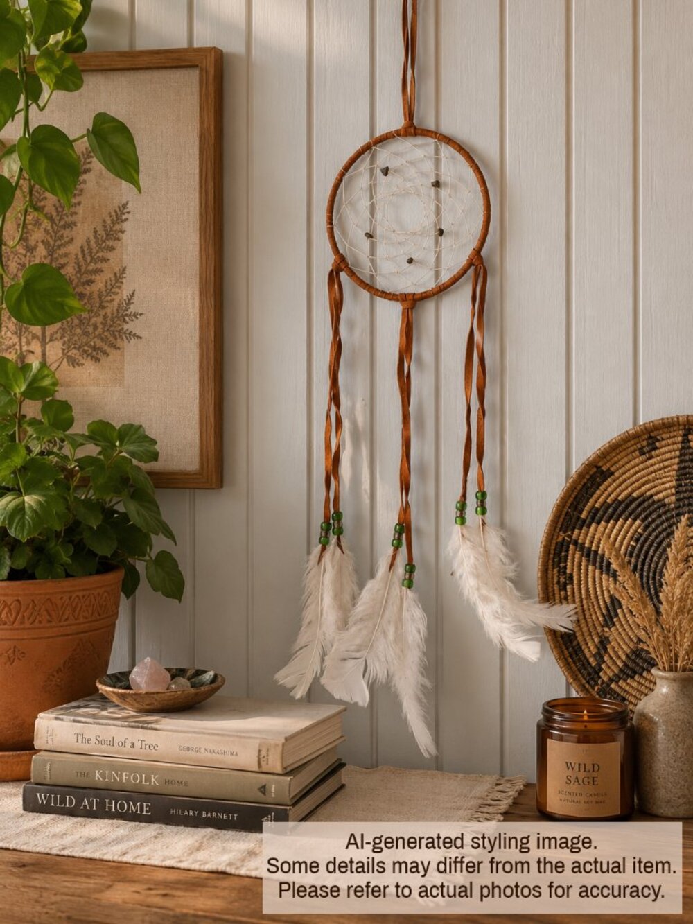 New Handmade Brown Leather Dream Catcher, White Feathers & Glass Beads
